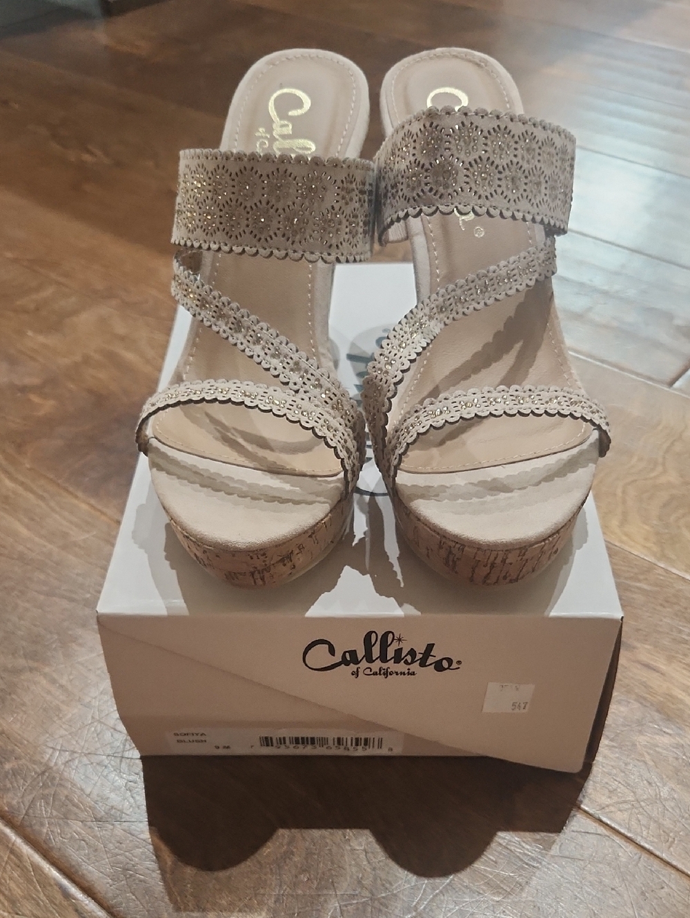 BRAND NEW Callisto Taupe Laser-Cut Cork Wedge Sandals w/ Gold Rhinestones Size 9